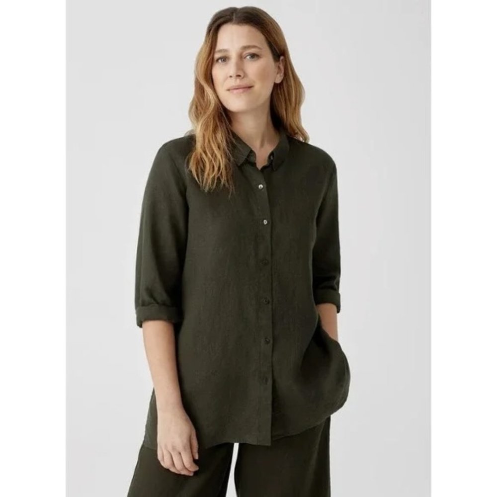 Eileen Fisher - organic Handkerchief linen button down shirt - dark green
